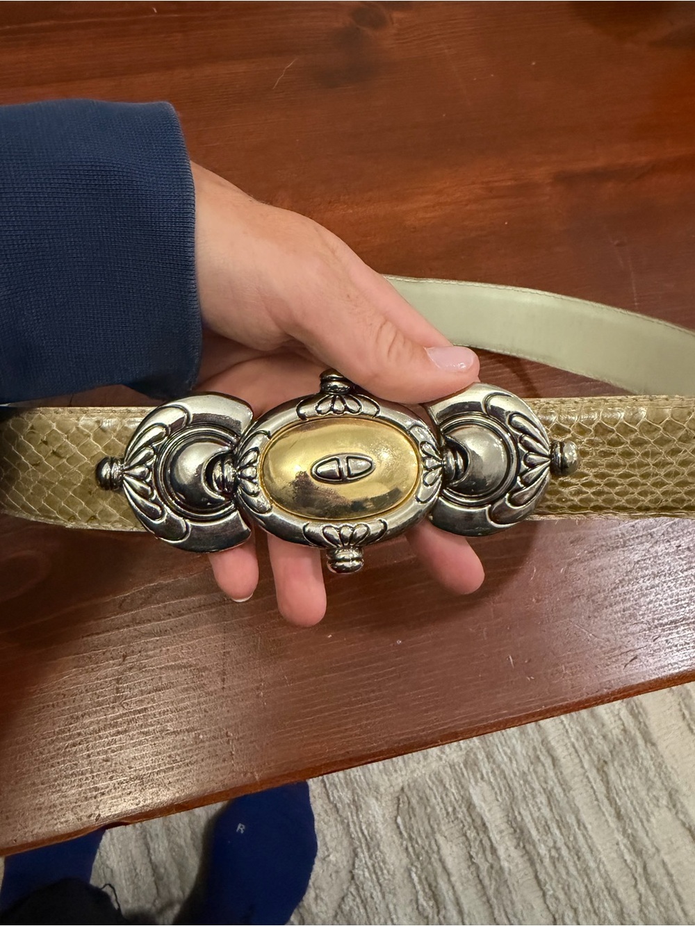 Vintage Dame Silver Gold Toned Belt buckle on brown snakeskin belt
